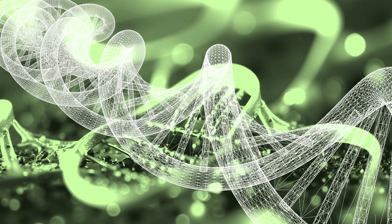 reflected-light macro photograph of DNA double helix molecular structure, base pairs in precise geometric arrangement, soft blue-green bioluminescent glow, intricate molecular details, shallow depth of field