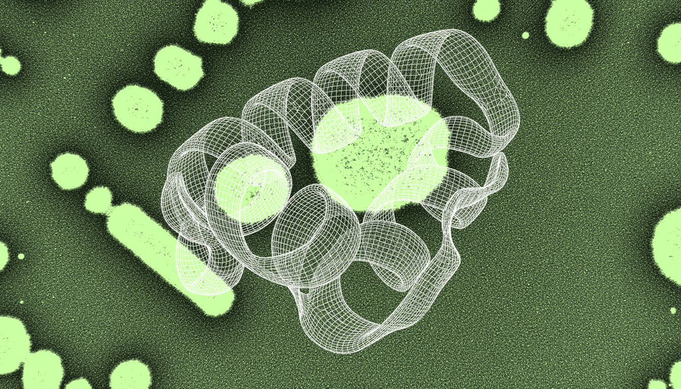 kisspeptin-10 peptide analog, monochrome amber transmission electron micrograph, molecular surface detail