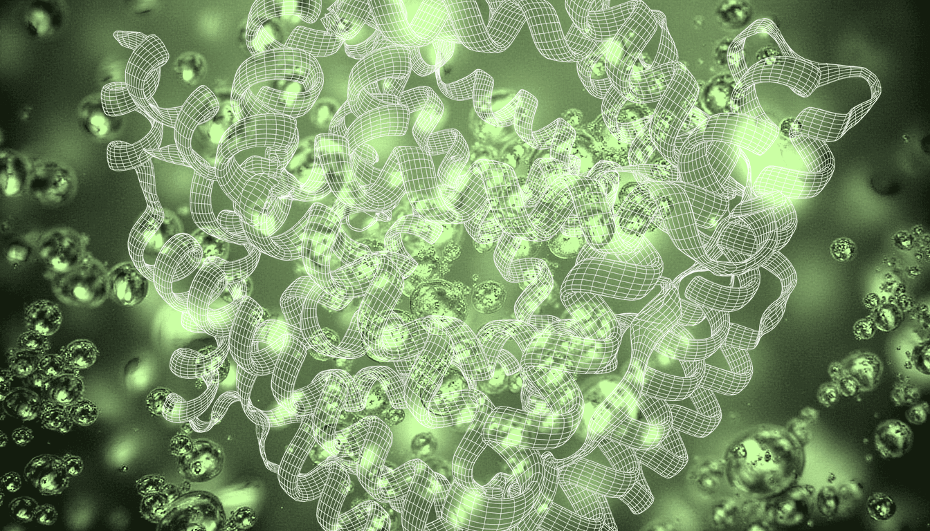 translucent peptide microstructures, iridescent holographic surfaces, soft refracted light, molecular lattice geometry
