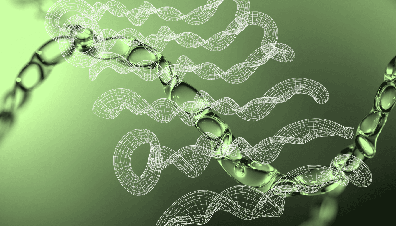 translucent peptide chain molecules flowing in sequential wave patterns, soft blue-amber gradient backlight, macro fluid dynamics