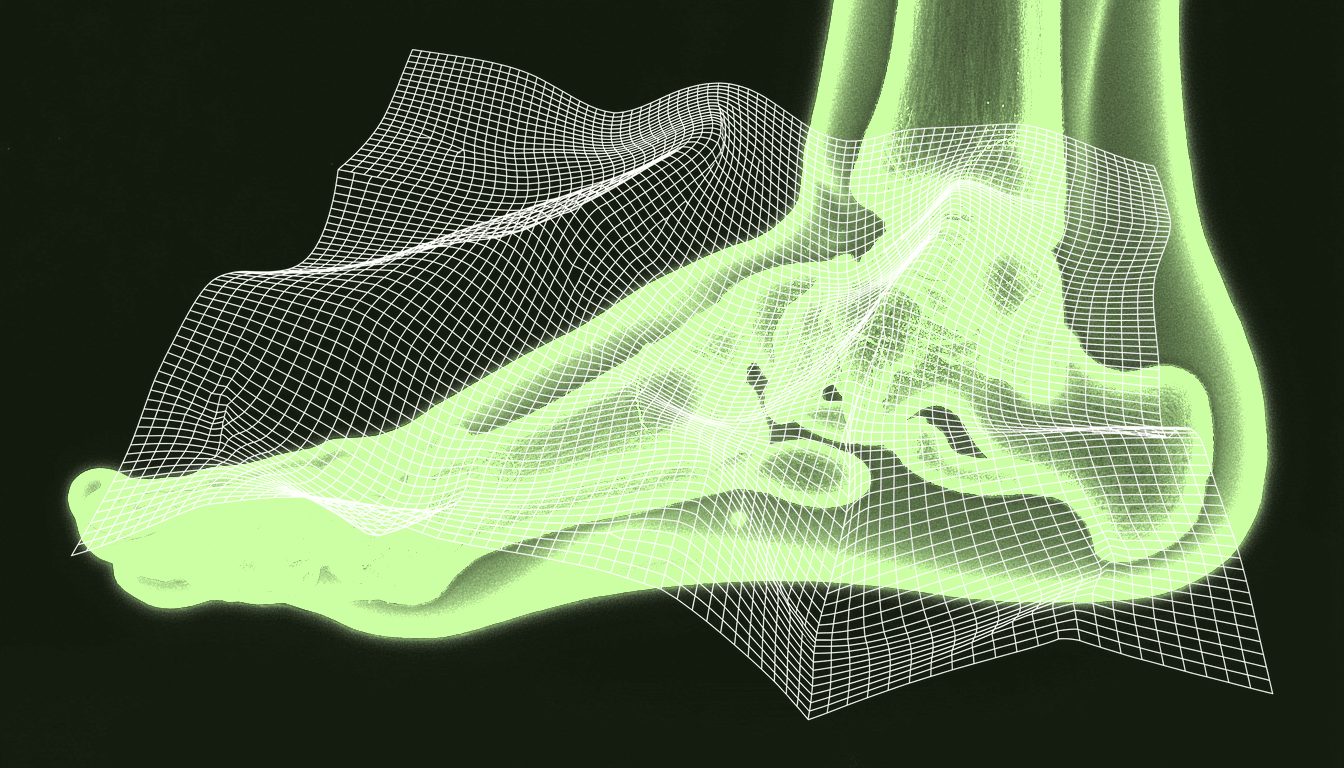 Foot anatomy cross-section with biomechanical pressure mapping, safety gate checkpoints, and algorithm decision nodes in transmitted light microscopy style