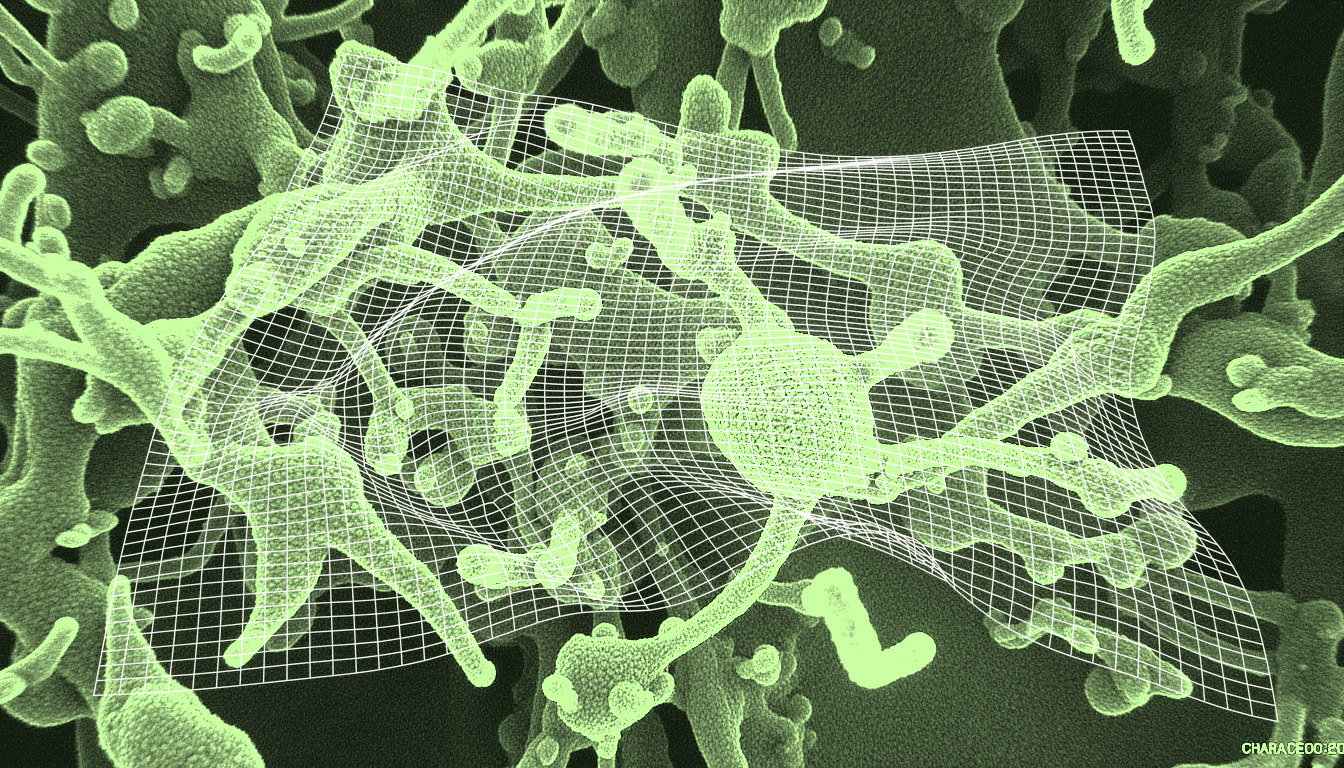 HLA-B*58:01 molecular complex with encrypted statistical overlay, monochrome indigo transmission electron micrograph