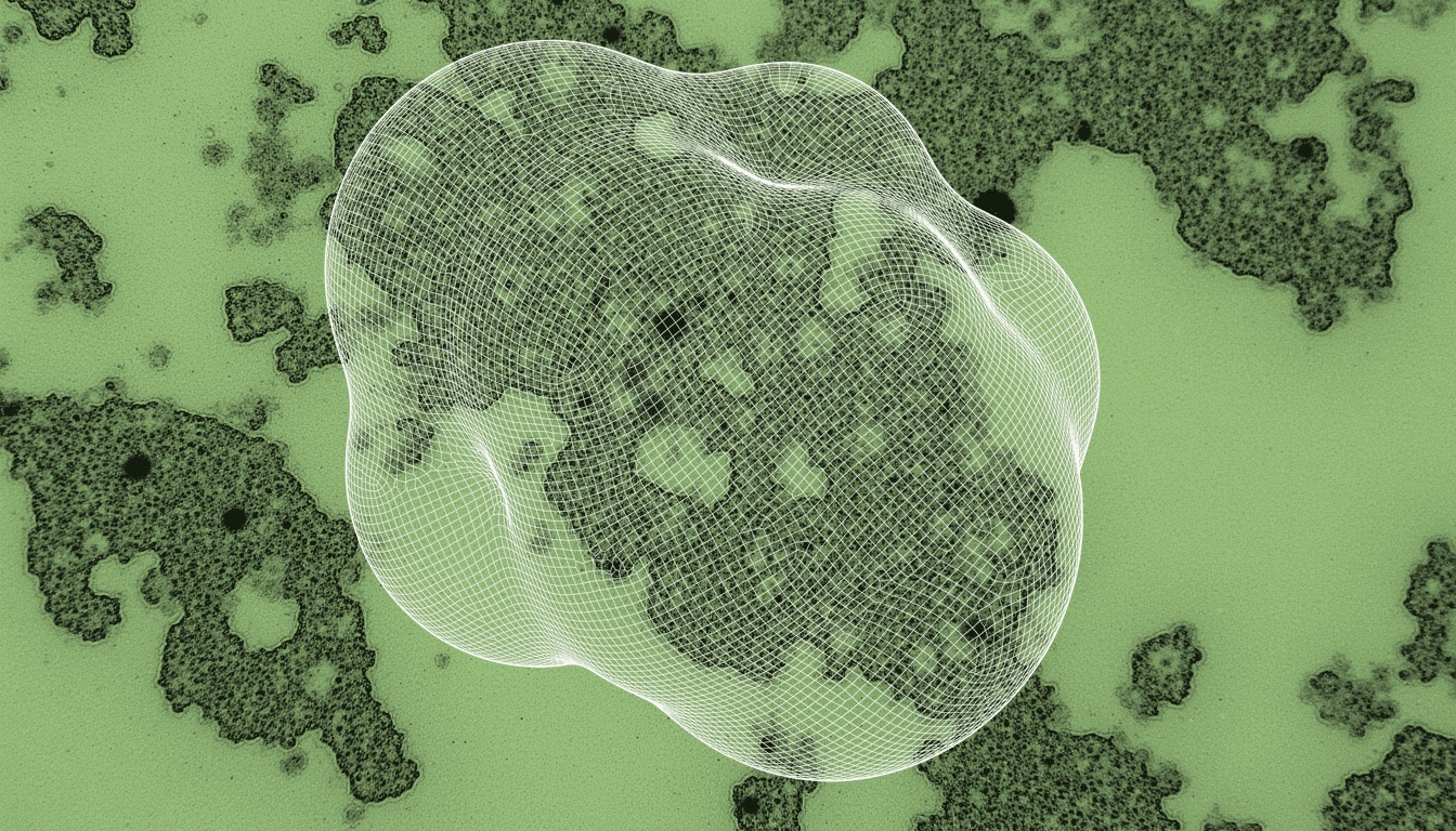 Senescent cells with shortened telomeres and compromised mitochondria, oxidative stress markers, single-hue amber transmission electron micrograph
