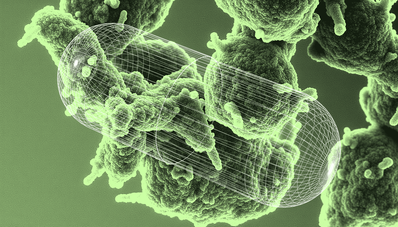 transmission electron micrograph of clustered MTHFR enzyme variants, single-hue amber palette, molecular resolution