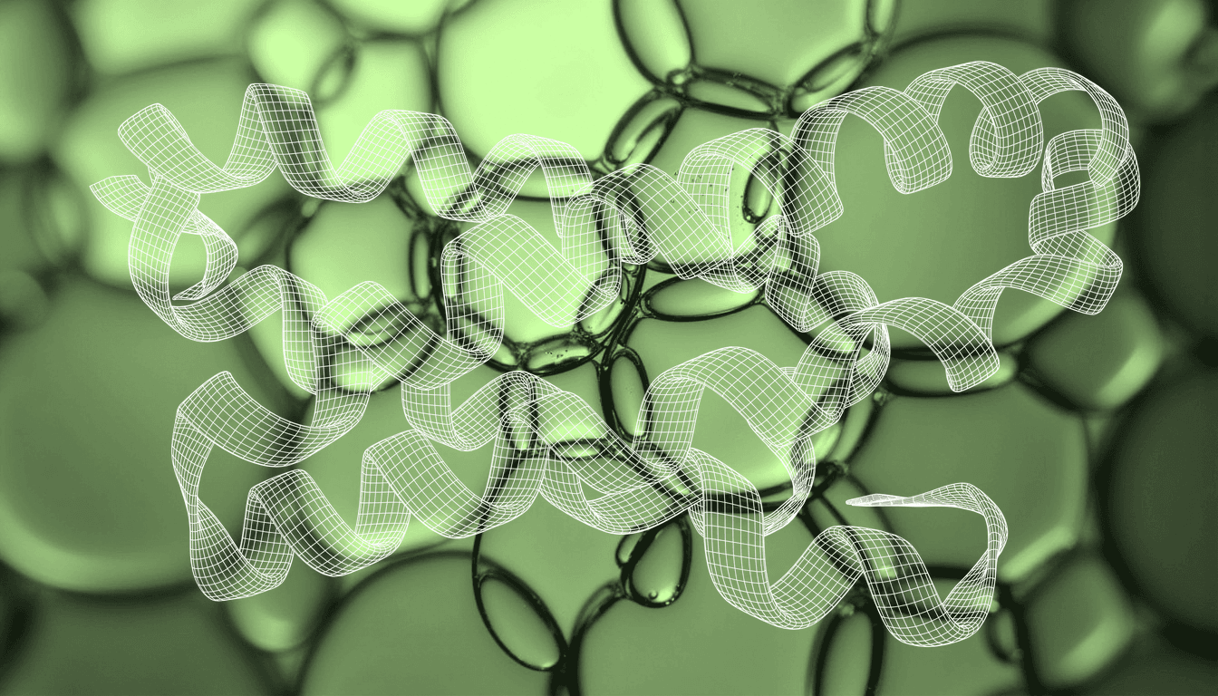 translucent molecular lattice of interlocking dipeptide structures, soft amber backlight, macro crystalline detail