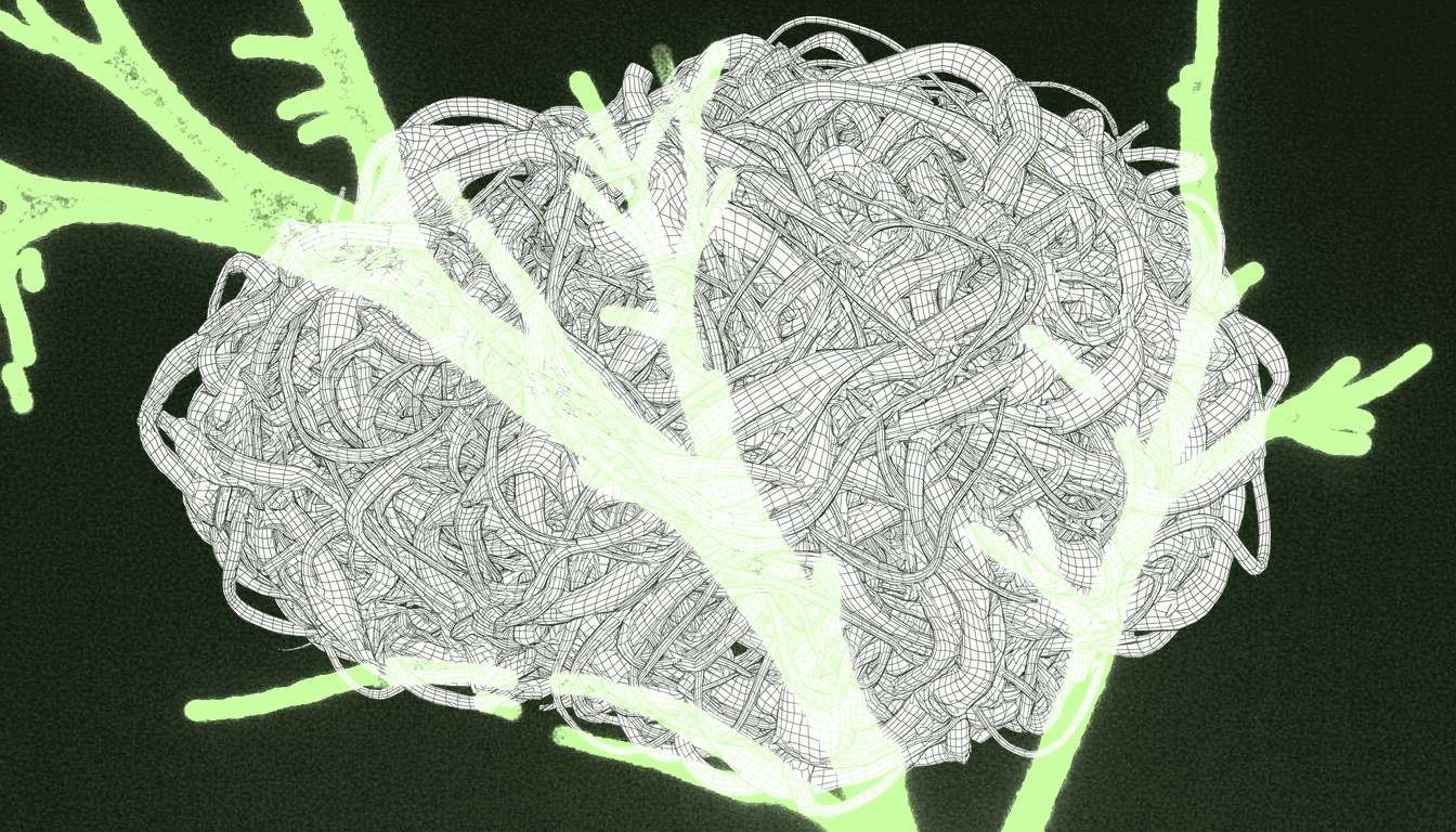 Fibroblasts with disrupted actin cytoskeleton and excessive focal adhesion signaling, phase-contrast micrograph, single-hue amber illumination, pathological migration trails