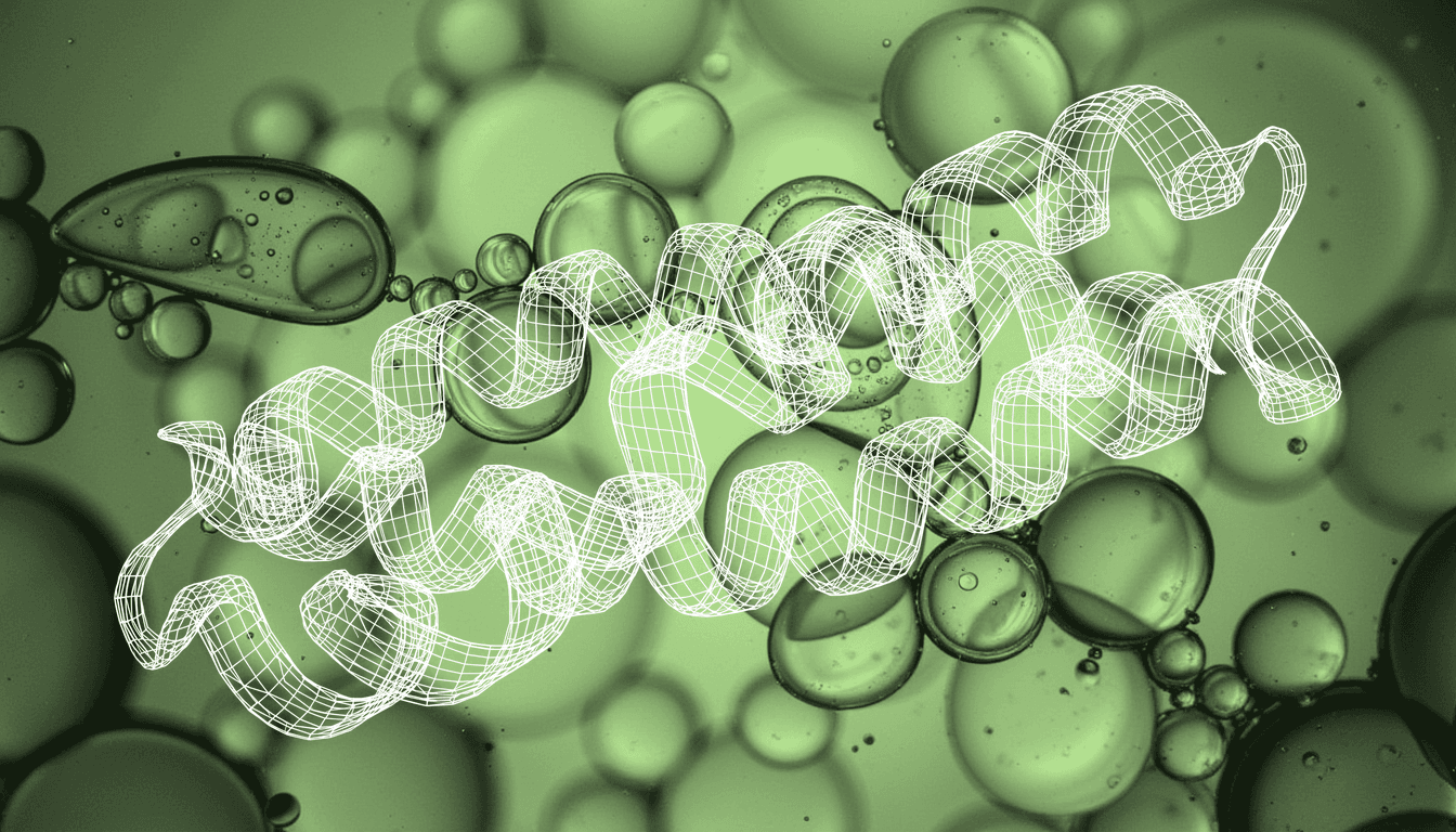 translucent protein molecule surface with fluid bubble-like structural interface, soft backlight, molecular macro detail
