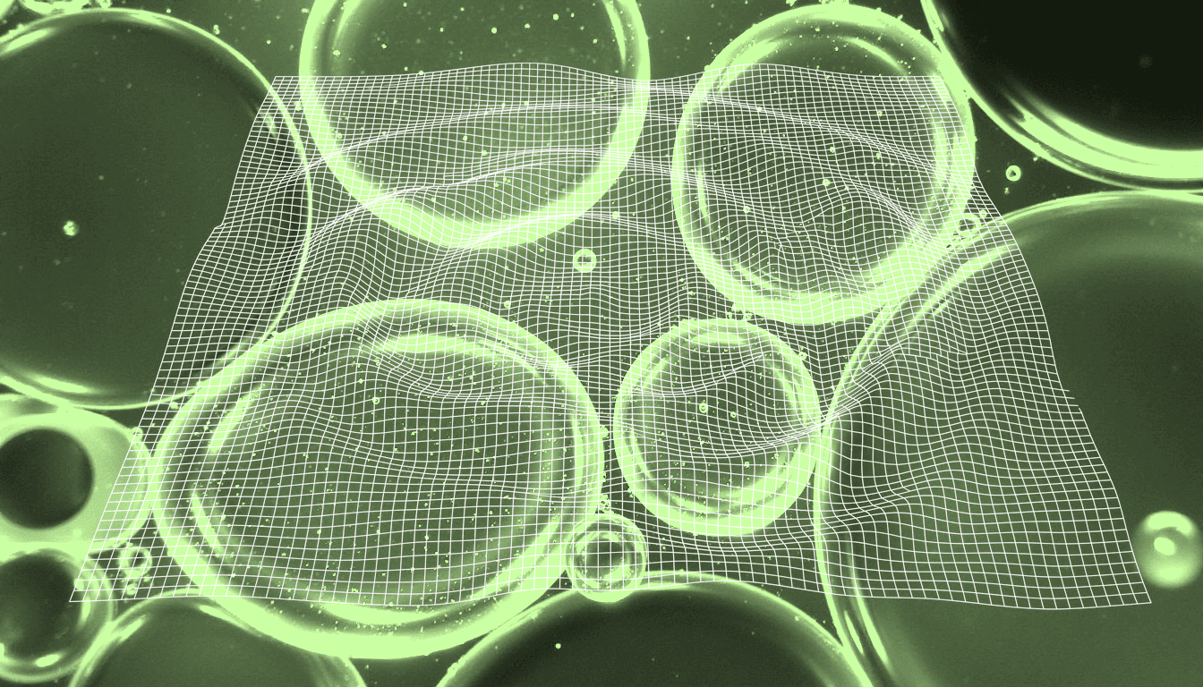 Translucent bacterial membrane vesicles with fluorescent dye penetration, depolarization-induced color shift, shallow depth of field, soft backlit droplets showing permeability gradients