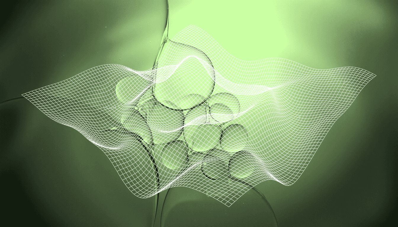translucent molecular network nodes with soft interconnected bubbles, AI-guided fluid pathways, cool teal gradient backlight