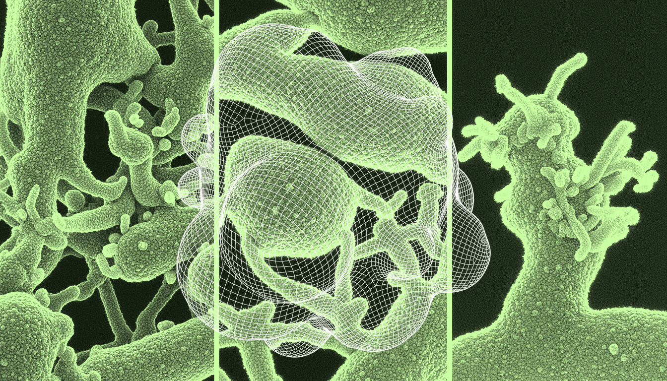 senescent fibroblasts, macrophages, and astrocytes with distinct morphologies and anti-apoptotic markers, transmission electron micrograph, monochrome palette, subcellular detail